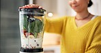 Smoothie, diet and hands with blender, kitchen and drink for protein boost, nutrition and breakfast. Vegetarian, wellness and person with appliance for gut health benefits, home and detox with liquid