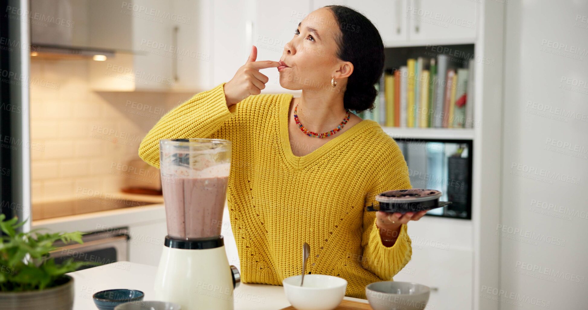 Buy stock photo Smoothie, taste and woman with blender, kitchen and healthy beverage for nutrition boost and protein. Vegetarian, wellness and person with appliance for gut health benefits, home and flavor check