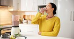Blender, woman and drinking smoothie in kitchen for breakfast shake, healthy gut and nutrition. Weight loss, person and meal replacement drink in house for detox, digestive health or protein benefits
