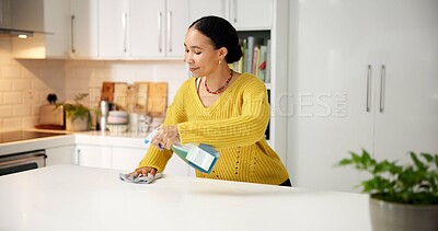 Buy stock photo Kitchen, woman and cleaning counter with spray for surface disinfection, dust removal and hygiene. Home, person or cloth with chemical product for household maintenance, sanitation or domestic chores