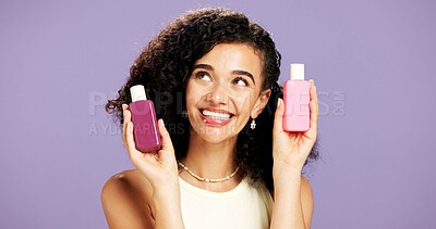 Buy stock photo Skincare, smile and product with woman in studio for beauty treatment, hydration and cosmetics. Dermatology, vitamin c glow and self care with person on purple background space for retinol facial