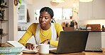 Black woman, student and books with earphones, home or research for online course with earphones. African person, computer and elearning for project, assessment and studying for virtual test at house