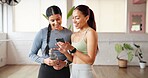 Fitness, women and friends with phone in yoga studio for funny post, show meme and laughing. Pilates break, people and smile with smartphone at health club for comic video, humor and exercise gossip