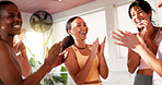 Women, applause and celebration at gym, fitness and circle with motivation, smile and wellness at club. People, excited and group with clapping, goals or success for training at exercise class