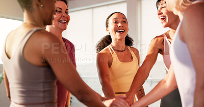 Buy stock photo Women, hands stack and celebration at gym, fitness and circle with motivation, smile and wellness at club. People, excited and group for achievement, goals or success for training at exercise class