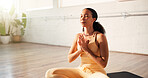 Woman, meditation and yoga for fitness in studio with zen, spiritual awareness and holistic healing. Female person, namaste pose and mindfulness with inner peace, balance and inhale for mental health