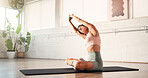 Yoga, woman and stretching arms in studio for fitness, holistic exercise and wellness. Yogi, mature person and body bend in club for pilates, meditation and improve flexibility with muscle workout