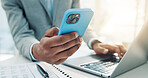 Hands, mobile and business man with laptop for accounting, tax report or financial notification. Computer, phone and accountant in office with email for audit review, payroll information and budget