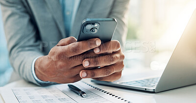 Buy stock photo Hands, smartphone and business man in office for accounting, tax report or financial notification. Person, mobile and accountant in company with email for audit review, payroll information and budget