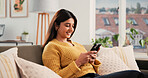 Phone, smile and woman on sofa in home with networking, communication or social media on mobile app. Happy, relax and female person with cellphone for texting, contact or chatting in living room.