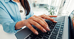 Hands, typing and business person on laptop for finance report, online research and proposal. Professional, corporate and woman on computer for financial review, website and budget planning in office
