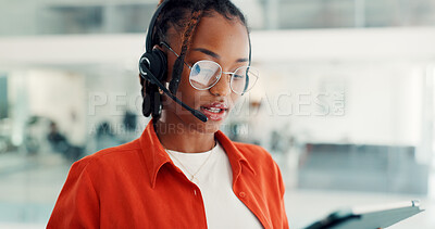 Buy stock photo Headset, services and woman with tablet, call center or discussion with contact for lead generation. Telemarketing, consultant and black person with tech for communication, sales and offer on website