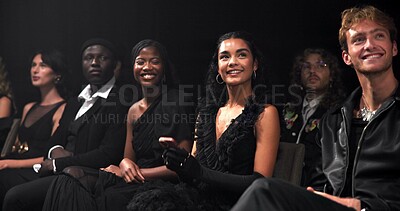 Buy stock photo People, crowd and runway with smile for fashion show, garment collection or designer brand. Group, audience or performance with clothing line or outfit for publicity, new aesthetic trend or wardrobe