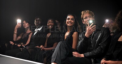 Buy stock photo People, crowd and catwalk with phone for fashion show, garment collection or designer brand. Group, audience and photography for clothing line, outfit or publicity for new aesthetic trend or wardrobe