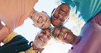 Senior people, portrait and smile for teamwork, solidarity or fitness support in outdoor park. Collaboration, happy group and friends together for motivation goals, mission or workout exercise below