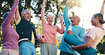 Senior people, cheer together and huddle for motivation, solidarity or fitness support in outdoor park. Teamwork, mature group and friends for yoga collaboration, mission or workout for exercise