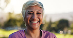 Portrait, smile and weekend with old woman in nature for fresh air, summer afternoon or wellness. Break, relax and retirement with teeth of happy senior person outdoor in park for satisfaction