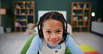 Headset, elearning and portrait of child in home for study, internet tutorial or virtual lesson. Face, remote education and girl with mic for homeschool, course or student in online class with bokeh
