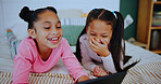 Relax, laugh and kids on tablet in bedroom for online entertainment, watching cartoons and movie. Family home, siblings and happy girls on tech for streaming videos, bonding and playing games on bed