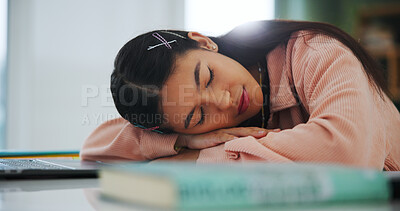 Buy stock photo College student, girl or tired with sleeping in home for learning break, study fatigue or overworked. Burnout, gen z person and tech with low energy for exam revision, academic workload or exhausted