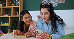 Friends, women or reading phone in bedroom for bonding, show social media post or online viral trend. Relax, connection or people in home with mobile for browsing, internet blog or gen z at sleepover