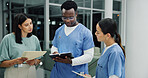 Team, documents and nurse or people in hospital for ward clerk, icu emergency and medical records at night. Healthcare administration, surgery schedule and discussion with man and women for overtime