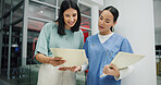Reading, documents and nurse or women in hospital for ward clerk, icu emergency and medical records at night. Healthcare administration, surgery schedule and low angle with people for overtime