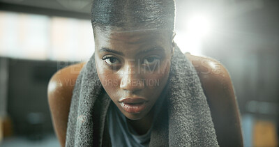 Buy stock photo Portrait, athlete and woman in gym, tired or sweating after exercise, fitness and exhausted on break. Health club, resting and black person with fatigue, burnout and recovery from workout routine