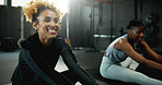 Stretching, women and team in gym, fitness and getting ready for workout routine, happy and healthy. Flexible, athlete and people on floor for exercise preparation, physical activity and warm up