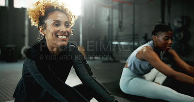 Buy stock photo Stretching, women and team in gym, fitness and getting ready for workout routine, happy and healthy. Flexible, athlete and people on floor for exercise preparation, physical activity and warm up