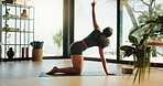 Yoga, woman and stretching with warm up in home for mobility, flexibility and core muscle strength. Pilates, balance and zen for arms, legs and posture exercise on floor with mindfulness or wellness