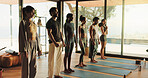 Fitness, holistic health and people in yoga class together for start of wellness routine. Commitment, exercise and yogi group in line at studio for awareness, balance or dedication to mindfulness