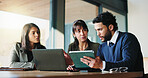Collaboration, laptop and tablet with business people in office for plan development. App, computer and meeting with corporate employee team in workplace boardroom for project management discussion