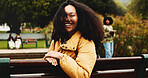 College, portrait or black girl on bench with smile, knowledge or scholarship in study opportunity. Happy, university or student outdoor with confidence, higher education or pride in academic course.