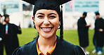 Portrait, university and happy woman with celebration, graduation and academic achievement. Person, campus and student with education goals, ceremony and college event with smile, excited and success
