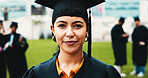 Happy, graduation and portrait of woman outdoor for  university success, achievement and milestone. Graduate, school and person on campus to celebrate education, learning or studying goals at college
