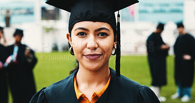 Buy stock photo Happy, graduation and portrait of woman outdoor for  university success, achievement and milestone. Graduate, school and person on campus to celebrate education, learning or studying goals at college