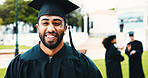 College, graduation and portrait of happy man outdoor for  university success, achievement and milestone. Graduate, student and person on campus to celebrate education, learning or studying goals
