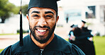 Happy, graduation and portrait of man outdoor for  university success, achievement and milestone. Graduate, school and person on campus to celebrate education, learning or studying goals at college