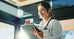 Smile, doctor and woman with tablet for medical info, patient history or telehealth in clinic. Tech, healthcare professional and person in hospital with insurance records, wellness email or research