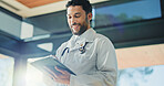 Medical, flare or man in hospital with tablet, telehealth or breakthrough in patient treatment. Healthcare, smile or doctor in clinic with tech, online consultation or good news in diagnosis report.
