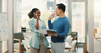 Buy stock photo Document, business people and high five in office with tablet for success, achievement and target. Happy team, paper and celebration with technology for milestone, support or creative goal in startup
