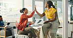 Paperwork, business women and high five for goal achievement, success and target in office. Happy team, startup and celebration for milestone, support or good news with document in creative company