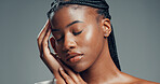 Beauty, sleeping or black woman in studio for skincare, facial glow or soft texture for wellness. Dermatology, night routine or person with smooth skin, self care or mockup space on gray background