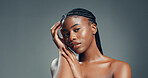Portrait, skincare and black woman in studio, beauty and dermatology on grey background. Space, shine and African person with wellness, glow and grooming with cosmetics, healthy skin and aesthetic