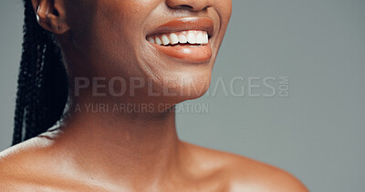 Buy stock photo Dental, space or black woman in studio with smile, mouth or tooth wellness in orthodontics. Face, happiness or female person on gray background with hygiene, whitening or dentistry in oral health.