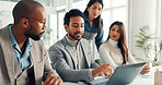 Laptop, teamwork and discussion with business people in office for planning, broker and stakeholder pitch. Investor proposal, collaboration or research update with employees in agency for report