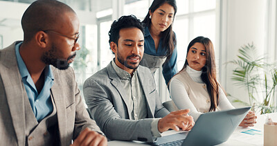 Buy stock photo Laptop, teamwork and discussion with business people in office for planning, broker and stakeholder pitch. Investor proposal, collaboration or research update with employees in agency for report