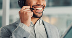 Mouth, happy man and agent in call center for telemarketing, insurance sales and lead generation. Telesales, lips and broker with headset for speaking, policy coverage or outbound feedback for claims