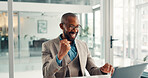 Happy, black man and winning with laptop for good news, promotion or bonus in office. Excited, businessman or employee with fist pump, smile or computer for salary increase, prize or business success